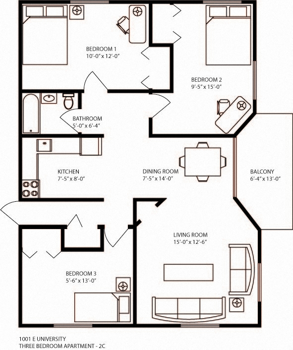 Floor plan for 3 beds, 1 bath, 1080 sqft